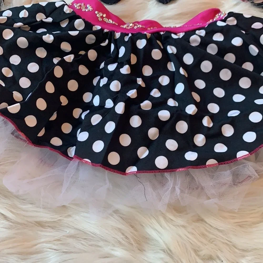Custom made Jazz Polka Dot Black and Pink dance costume with swarovski crystals.